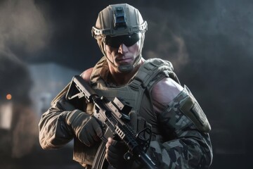 Naklejka premium Determined Soldier in Tactical Gear Ready for Combat Operations Mission
