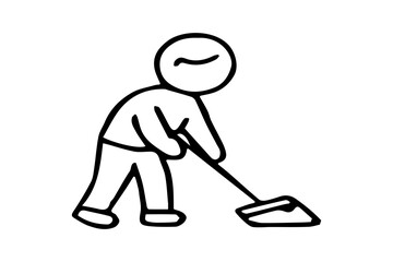 The image shows a black-and-white line drawing of a person cleaning the floor with a mop. The figure is slightly bent forward, holding a long-handled mop with both hands