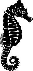 Elegant black silhouette of a seahorse with a curly tail and fins
