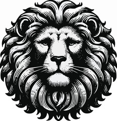 Vector art of a powerful lions face is depicted in a striking black and white graphic illustration