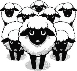 Vector art of a flock of cute sheep with black faces and fluffy wool, standing together