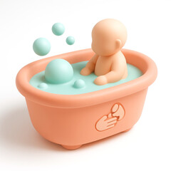 3d icon Baby bathing in pastel tub with bubbles