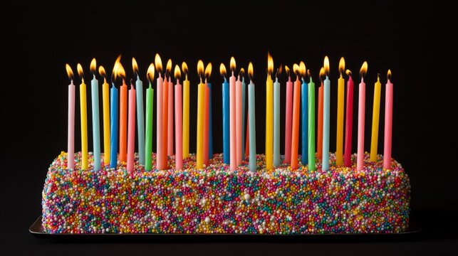 Colorful birthday cake decorated with rainbow sprinkles and twenty-one lit candles celebrating 21st birthday on festive party table




