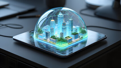Photo of a futuristic city model is displayed under a glass dome on a tablet