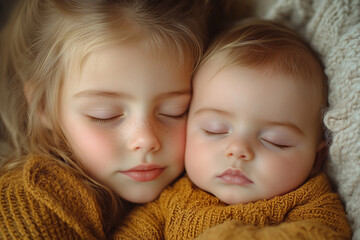 Tender Embrace: A moment of pure serenity captured as two siblings nestle close, eyes closed, their expressions mirroring peaceful rest, and conveying the bond of affection