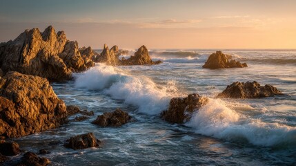 Fototapeta premium Ocean Waves Crashing on Rocks at Sunset