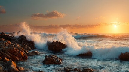 Obraz premium Ocean Waves Crashing on Rocks at Sunset