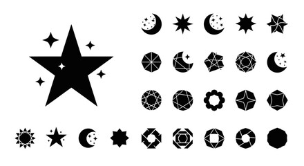 Collection of celestial and geometric icons including stars, moons, suns, and abstract shapes in a clean, modern graphic style. © Wiwa10