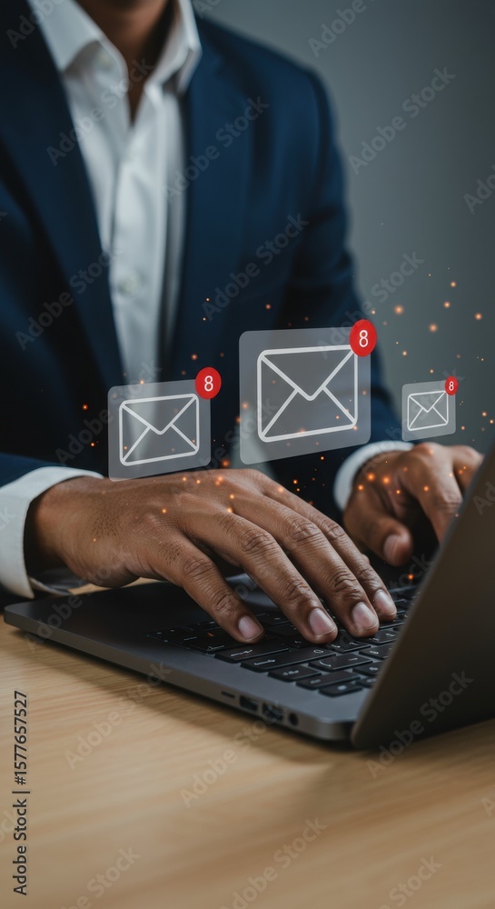 Poster professional typing on laptop with floating email notifications. businessperson managing digital inb