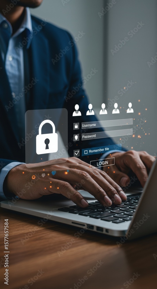Poster secure login process with digital authentication overlay. cybersecurity professional accessing prote