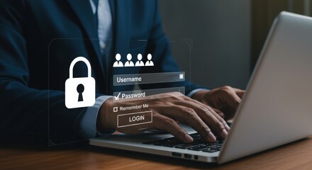 Secure login process with digital authentication overlay. Cybersecurity professional accessing protected account. Modern user verification interface.