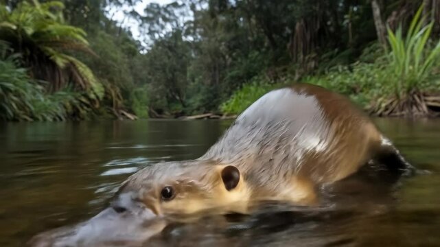 A platypus is seen swimming through a tranquil river surrounded by lush greenery, offering a glimpse into its natural habitat and unique features.