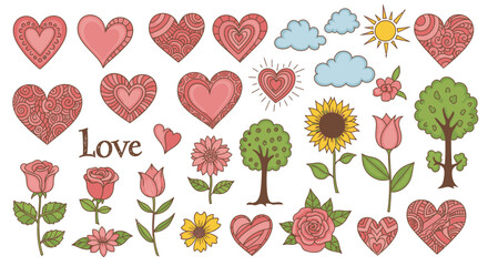 Hand-drawn collection of love-themed elements perfect for Valentine's Day cards, romantic designs, or wedding invitations, featuring hearts, flowers, and nature-inspired illustrations.