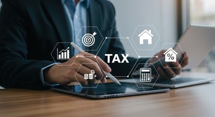 Financial professional working with tax documents. Business analytics and digital finance tools. Modern tax planning and corporate strategy.