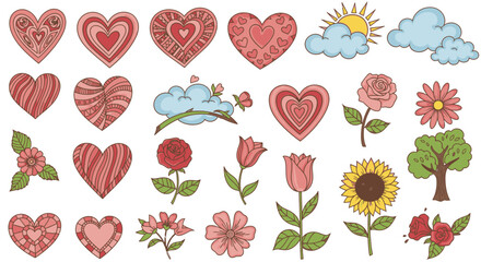 A collection of hand-drawn, colorful illustrations featuring hearts, flowers, sun, and clouds, perfect for Valentine's Day or celebrating love and nature.