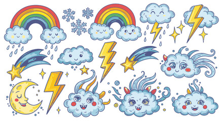 An adorable set of hand-drawn cartoon weather icons, featuring cheerful clouds, bright rainbows, powerful lightning, and sparkling stars, on a clean white background.