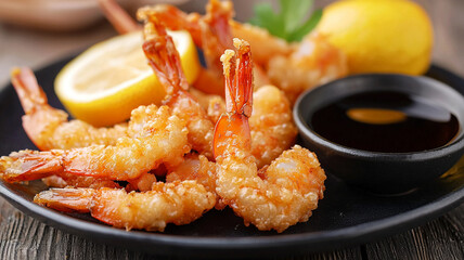 Crispy Tempura Shrimp with Soy Sauce and Lemon Slice