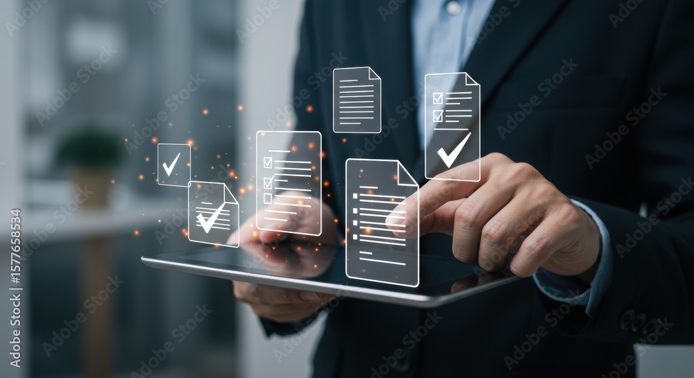 Poster business professional completing tasks on tablet. digital checkmarks and document icons for producti