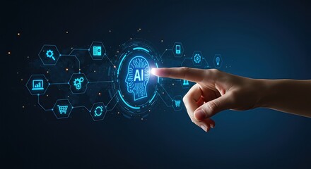 A finger touching a glowing blue ai human head graphic within a network, representing the intersection of artificial intelligence and human cognition