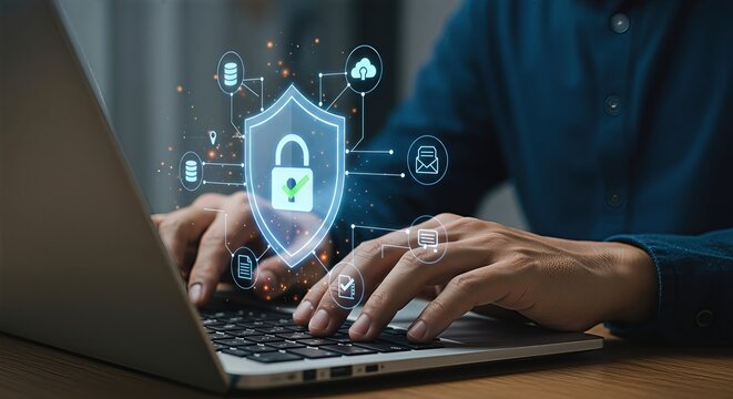 A persons hands typing on a laptop, with a glowing blue shield and lock icon overlayed, signifying cybersecurity and data protection - Powered by Adobe