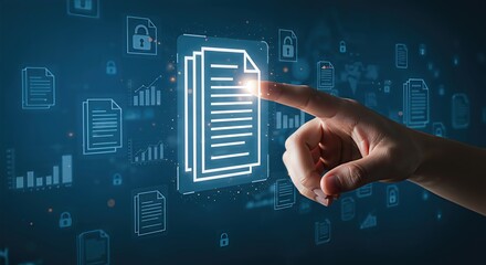 A finger interacts with a glowing digital document icon surrounded by data charts and security locks on a dark blue background, representing digital information management and cybersecurity
