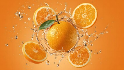 Refreshing citrus explosion with floating orange slices and clear sparkling water splashes.