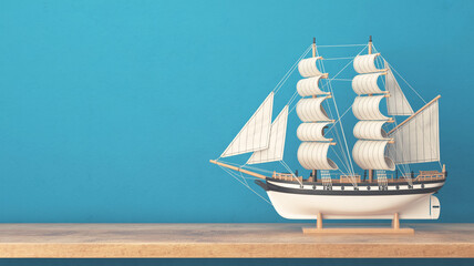 A detailed model of a three-masted sailing ship on a wooden shelf against a solid turquoise blue background.