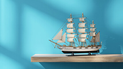 A detailed model of a three-masted sailing ship on a wooden shelf against a solid turquoise blue background.