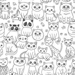 Seamless Pattern of Cute Cartoon Cats for Coloring or Background