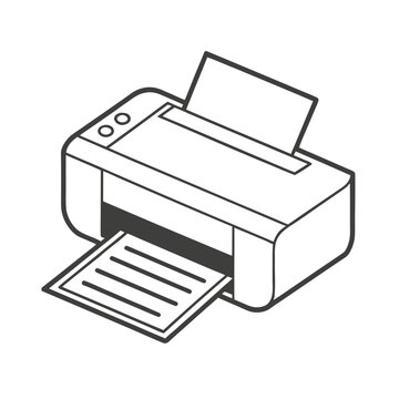 Black and white line art of a printer with paper printing output