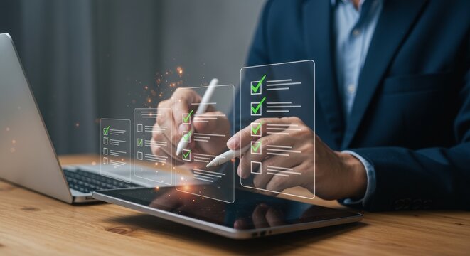 Business productivity with digital checklist on tablet. Professional using stylus for task management. Modern workspace with completed checkmarks.