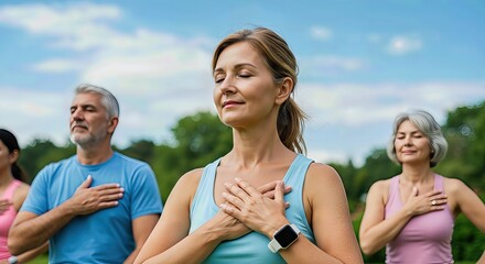 A diverse group of adults practice mindful breathing and meditation outdoors in a park setting, embracing a healthy and active lifestyle