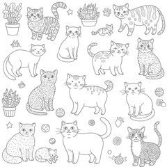 Playful Cats and Plants: A Whimsical Coloring Page Design