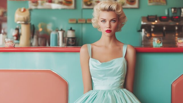 gorgeous supermodel tall blonde woman dressed in 1950s fashion with short skirt. She wears a classic dress with a voluminous skirt, Standing in a retro cafeteria