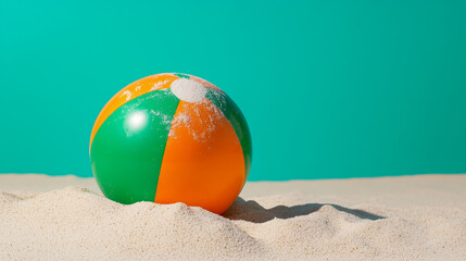 Obraz premium green and orange beach ball in the sand on a teal background