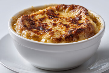 Classic French onion soup with golden melted cheese crust in white ceramic bowl