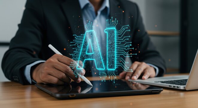 Business professional interacting with AI technology using stylus. Futuristic digital workspace with circuit-style overlay. Corporate executive working with artificial intelligence.