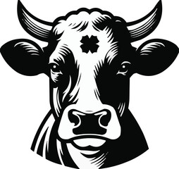 Vector art of a black and white illustration of a cows head with horns