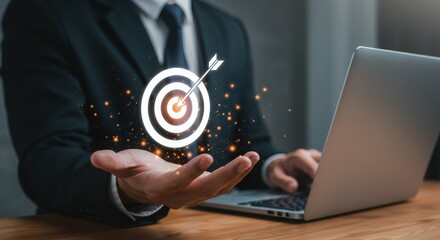 Business executive holding glowing target icon for success. Corporate goal achievement with precision arrow. Professional targeting strategy with futuristic overlay.