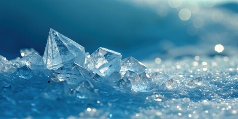 Obraz premium A close up view of ice crystals with a blue background and bokeh effect lights