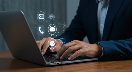Professional typing on laptop with communication overlay. Modern business connectivity with digital contact icons. Corporate executive using messaging interface.