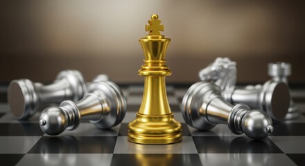 Gold king chess piece victorious among silver pieces. Strategic dominance in chess game. Triumphant king on checkered board.