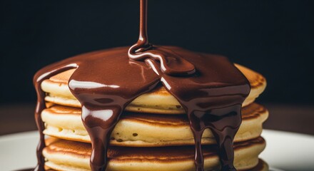 Chocolate Syrup Pouring on Pancakes Stack. A stack of golden pancakes with a generous pour of rich, dark chocolate syrup cascading down the sides. Chocolate chips are scattered on top.