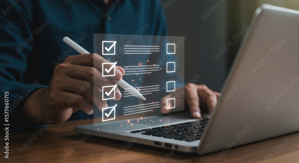 Poster professional using stylus with digital checklist. organized task management on laptop. modern produc