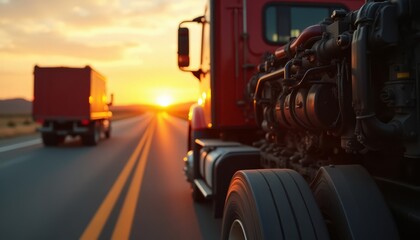 Sunset Highway Trucking: A Red Truck's Journey at Golden Hour