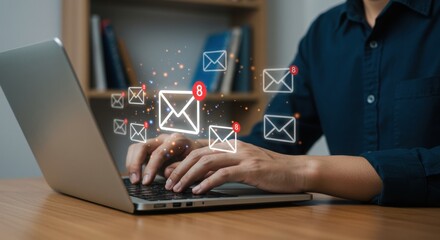 Person managing emails on laptop with notifications. Digital communication and workspace efficiency. Unread message alerts in modern office.