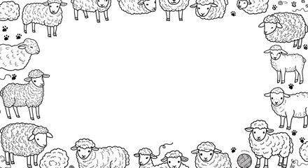 Sheep Frame Border Cartoon Outline Doodle Illustration