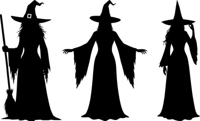 A collection of three mysterious black witch silhouettes wearing pointed hats, with one holding a broomstick for halloween designs