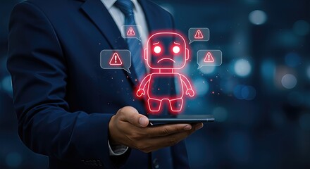 A businessman in a suit holds a smartphone displaying a sad ai robot icon surrounded by warning symbols, indicating potential risks or errors with artificial intelligence