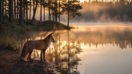 red fox standing at the edge of a still forest lake at dawn, gazing into the calm water. Gentle morning mist floats above the surface, and soft golden sunlight filters through tall pine trees